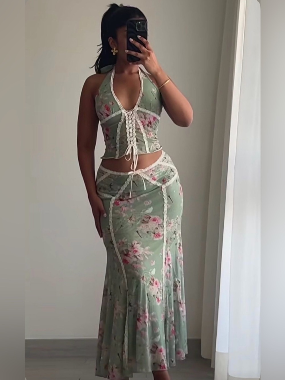 Forever 21 Green floral maxi skirt & matching halter top